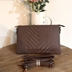 Dark Khaki/Brown woven clutch with removable shoulder and wrist strap